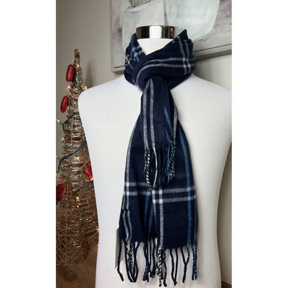 NWT‎ Steve Madden Mid Weight Cozy Muffler Scarf with Fringe Navy Blue Plaid